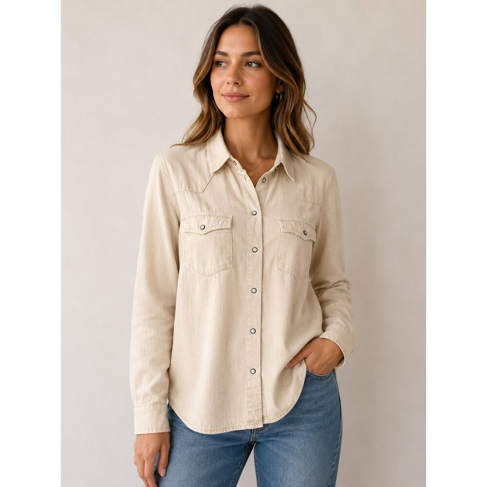 Old Navy Women’s Neutral Minimalist Western Denim Shirt Off-White Size L